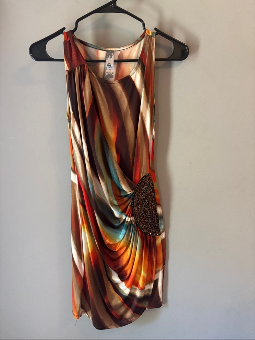 S-Twelve Multicolor Swirl Midi Dress with Beaded Accent